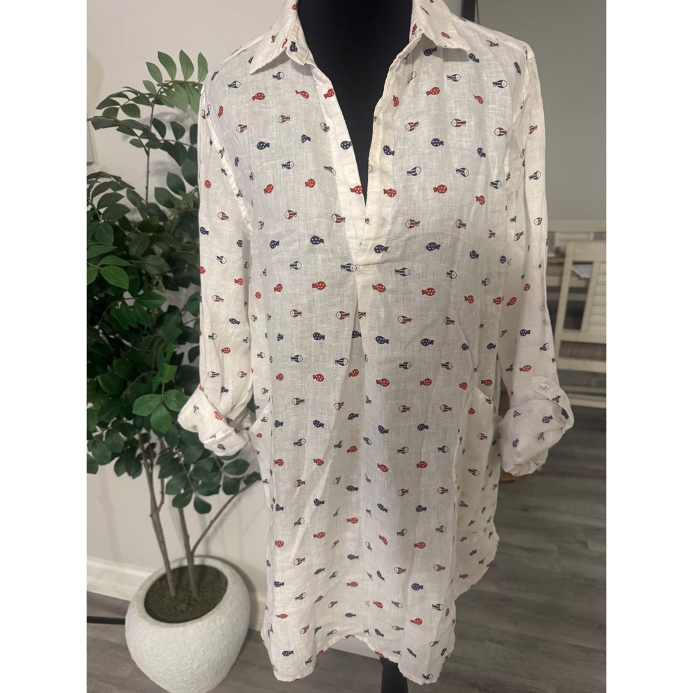 Forcynthia Beachwear 100% Linen Fish Print Tunic Cover Up White Red Blue Medium